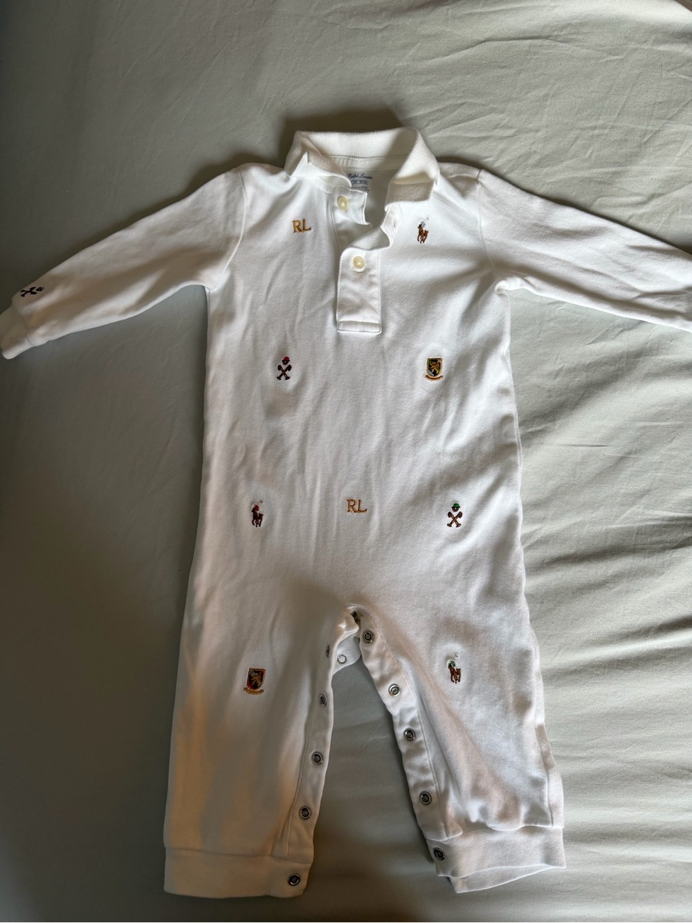 Ralph Lauren White Polo-Style Embroidered Baby One-Piece
